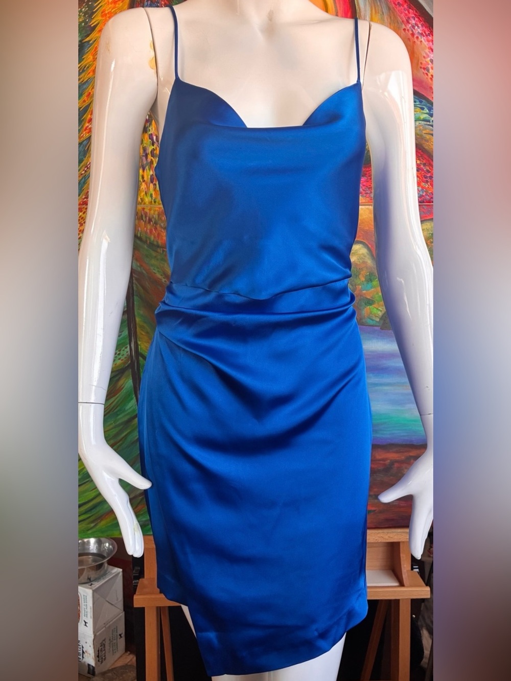 Zara Royal Blue Satin Cowl Neckline Asymmetrical Mini Dress